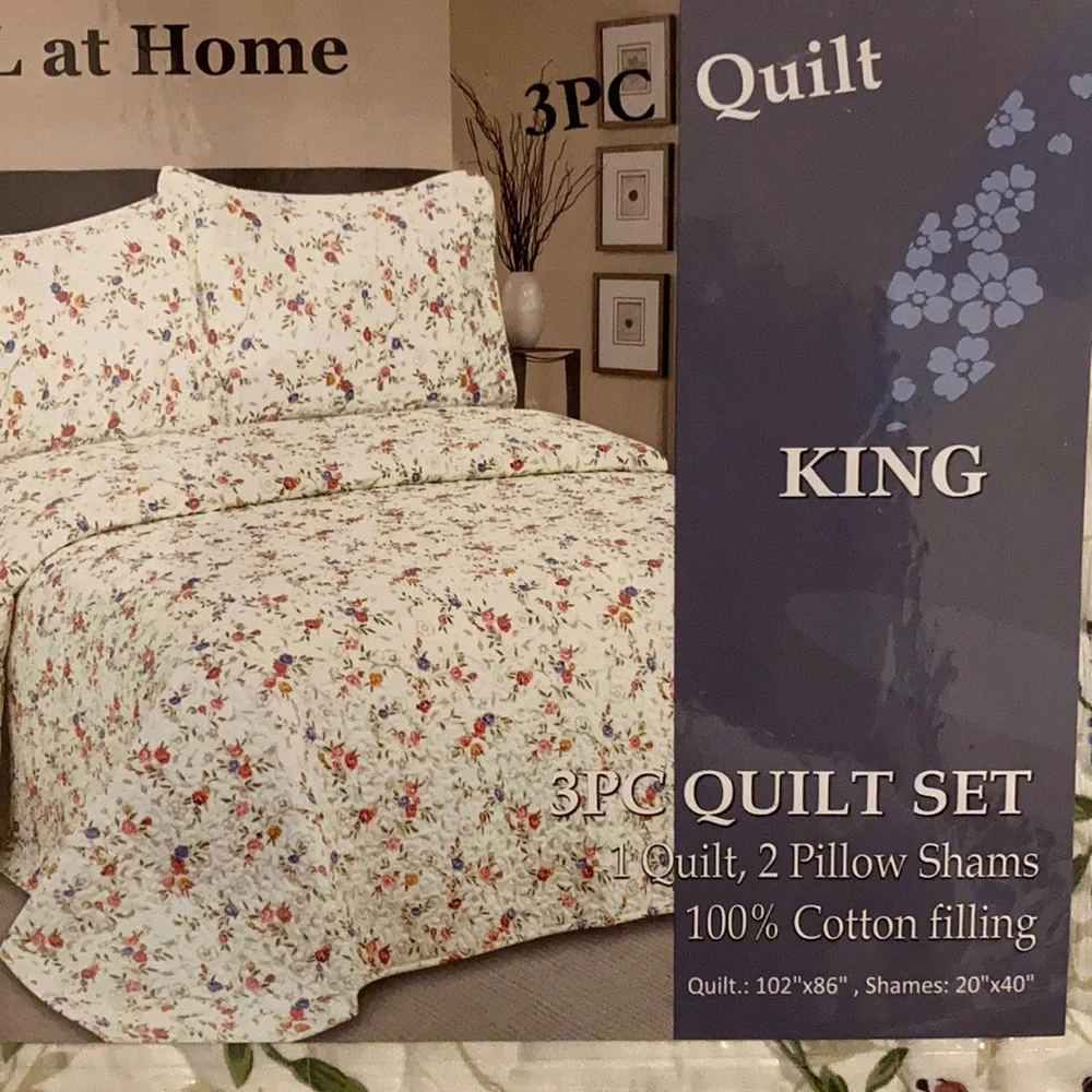 Hotel at home 3pc Quit mauve and blue flowers set King size include shams - Picture 2 of 4